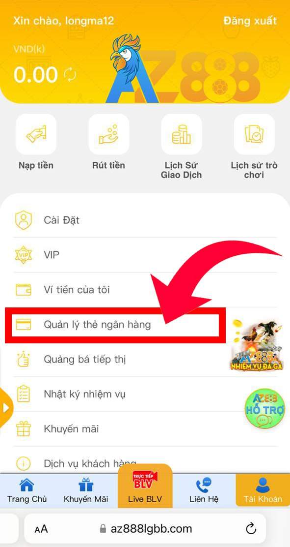 Chọn quản lý thẻ ngân hàng Chọn quản lý thẻ ngân hàng